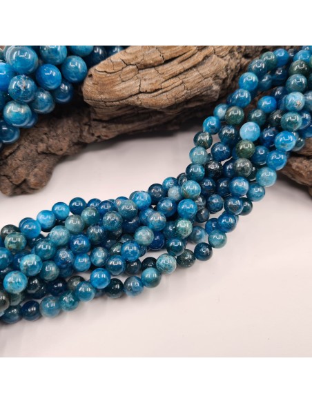 Apatite bleue, fil de perles rondes en pierre naturelle