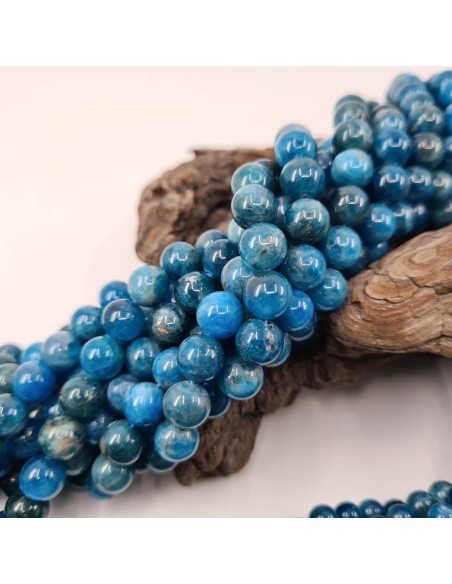 Apatite bleue, fil de perles rondes en pierre naturelle