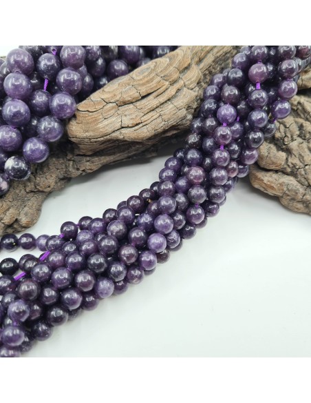 Lépidolite, fil de perles rondes en pierre naturelle