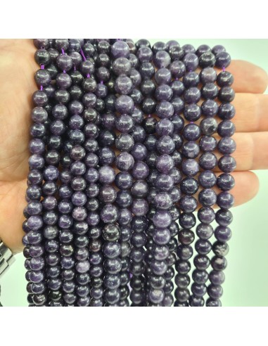 Lépidolite, fil de perles rondes en pierre...