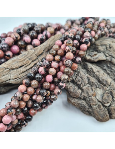 Rhodonite, fil de perles rondes en pierre naturelle