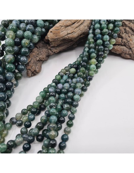 Agate Mousse, fil de perles rondes en pierre naturelle