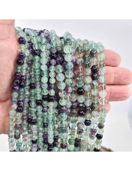 Fluorite multicolore, fil de perles rondes en pierre naturelle