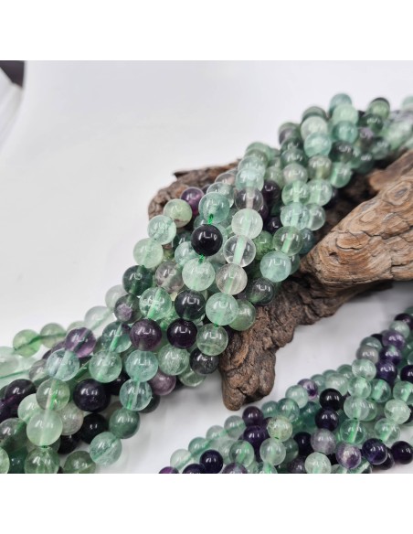 Fluorite multicolore, fil de perles rondes en pierre naturelle