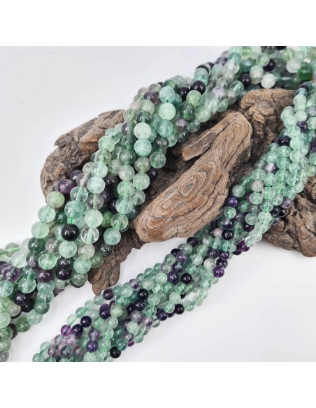 Fluorite multicolore, fil de perles rondes en pierre naturelle