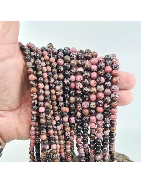 Rhodonite, fil de perles rondes en pierre naturelle
