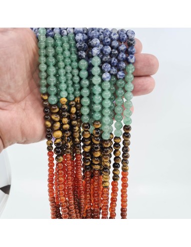 7 Chakras, fil de perles rondes en pierre...