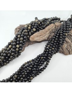 Fil de perles rondes en Obsidienne dorée