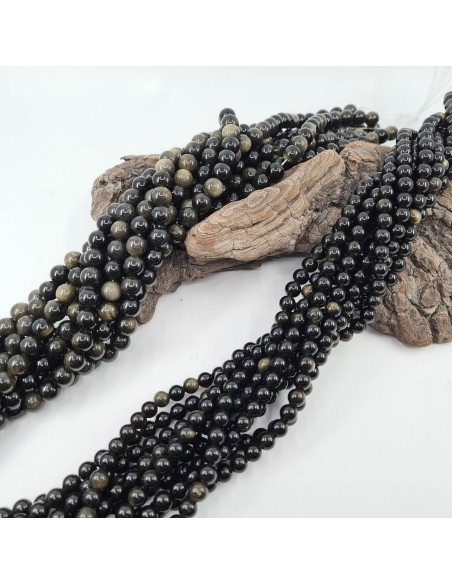 Fil de perles rondes en Obsidienne dorée
