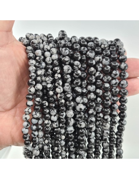 Obsidienne Neige, fil de perles rondes en pierre naturelle