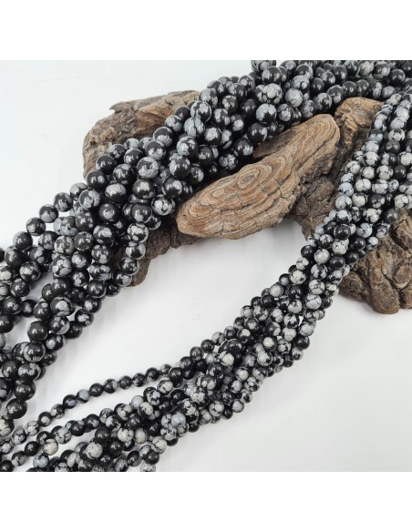 Obsidienne Neige, fil de perles rondes en pierre naturelle