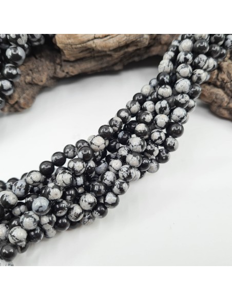 Obsidienne Neige, fil de perles rondes en pierre naturelle