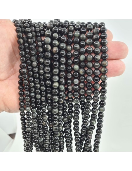 Obsidienne Oeil Céleste, fil de perles rondes en pierre naturelle