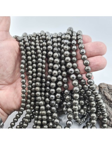 Pyrite, fil de perles rondes en pierre naturelle