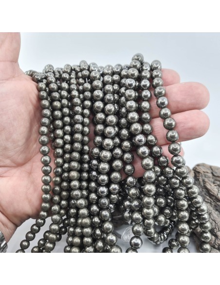 Pyrite, fil de perles rondes en pierre naturelle