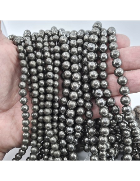 Pyrite, fil de perles rondes en pierre naturelle