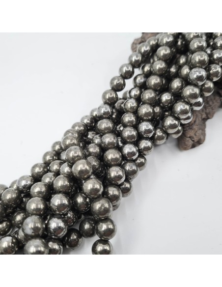 Pyrite, fil de perles rondes en pierre naturelle