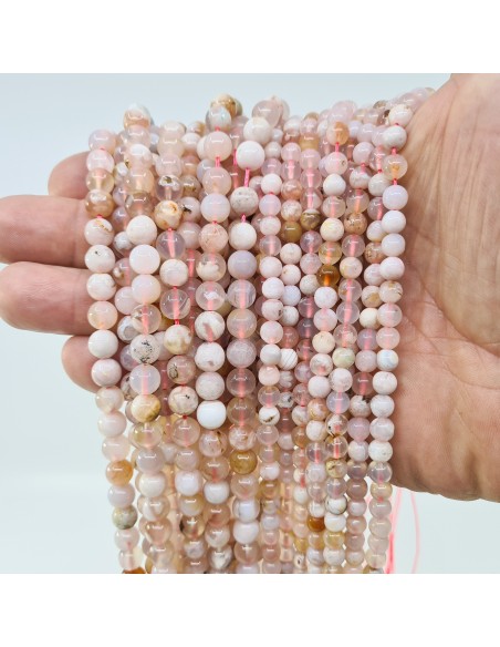 Agate Fleur de Cerisier, fil de perles rondes en pierre naturelle