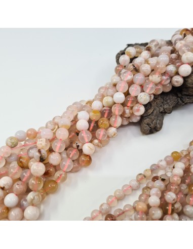 Agate Fleur de Cerisier, fil de perles rondes...
